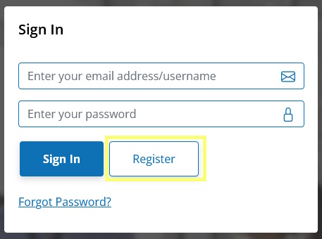 Example of how the sign in box area looks highlighting the register button